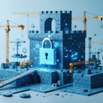 Conceptual illustration showing a digital fortress built from blockchain elements, interlocked with construction site symbols and cryptographic icons, representing secure data management in construction.