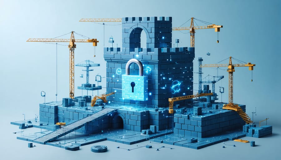 Conceptual illustration showing a digital fortress built from blockchain elements, interlocked with construction site symbols and cryptographic icons, representing secure data management in construction.