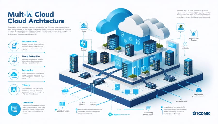 Infographic depicting a resilient cloud architecture with redundancy elements, failover paths, and geographical data distribution, illustrating their role in ensuring continuous construction operations and data protection.