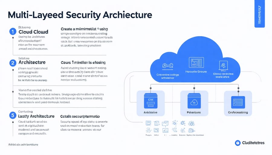 Visual representation of cloud security layers including encryption, access control, and compliance measures