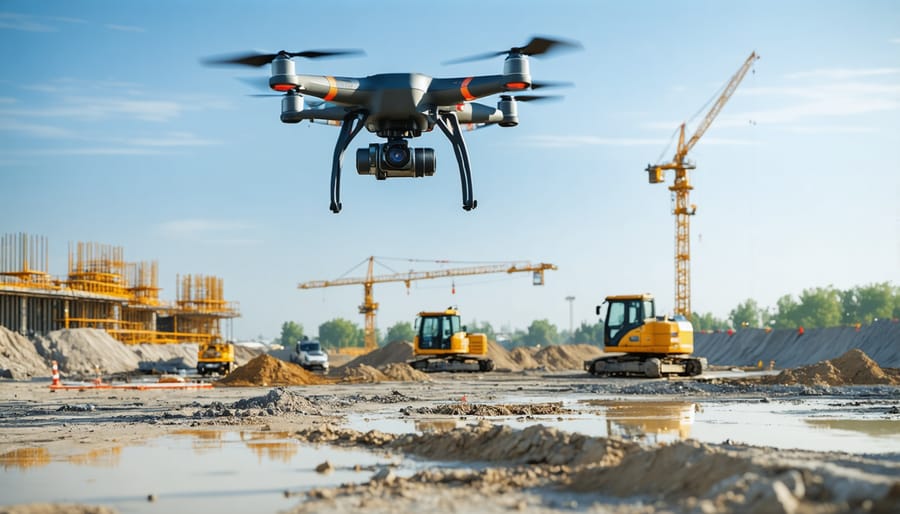 UAV drone with multiple camera systems monitoring a construction site during operation