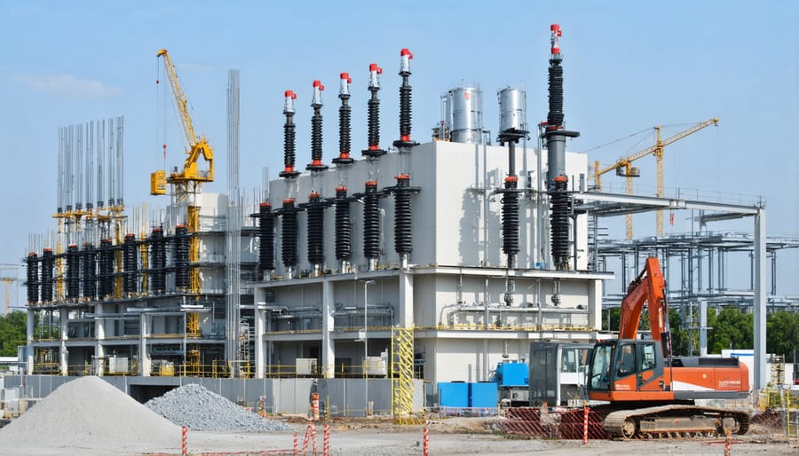 Modern construction site with integrated quantum energy storage units powering equipment