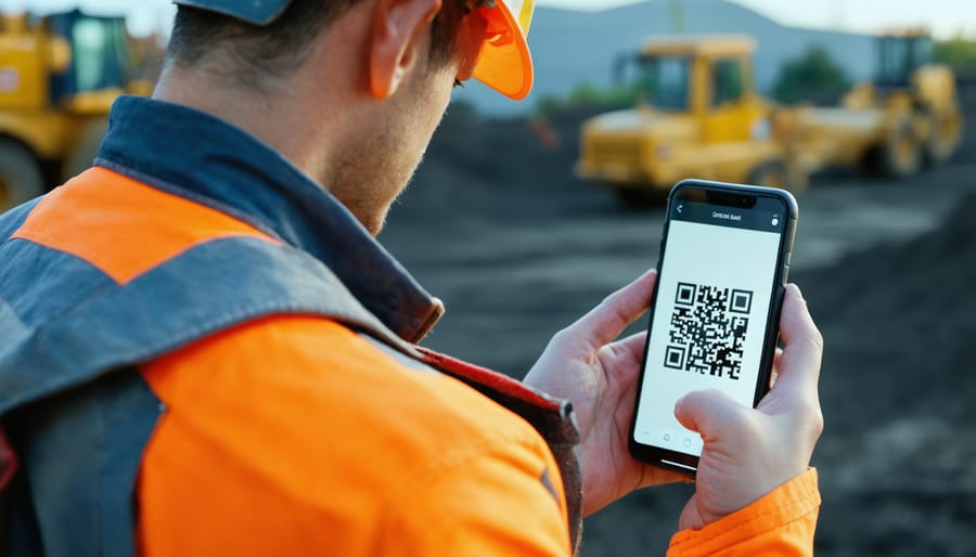 Construction professional scanning smart building materials with a specialized smartphone