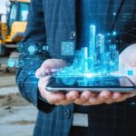 Conceptual depiction of futuristic construction site where rugged smartphones manage smart materials using augmented reality and IoT integration.