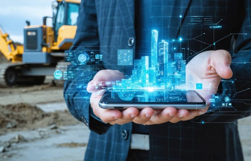 Conceptual depiction of futuristic construction site where rugged smartphones manage smart materials using augmented reality and IoT integration.