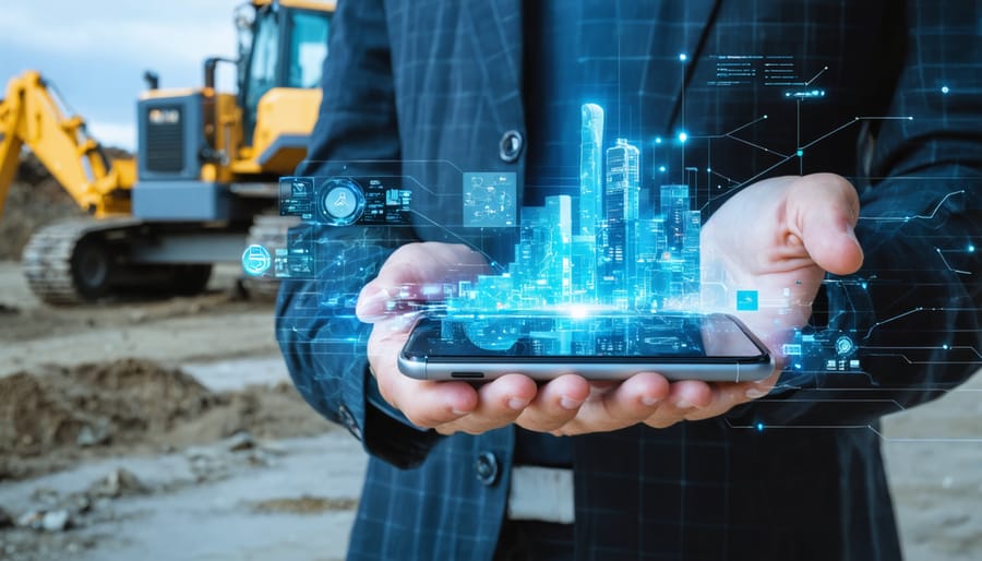 Conceptual depiction of futuristic construction site where rugged smartphones manage smart materials using augmented reality and IoT integration.