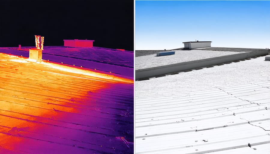 Split thermal image showing temperature difference between conventional and cool roofing materials