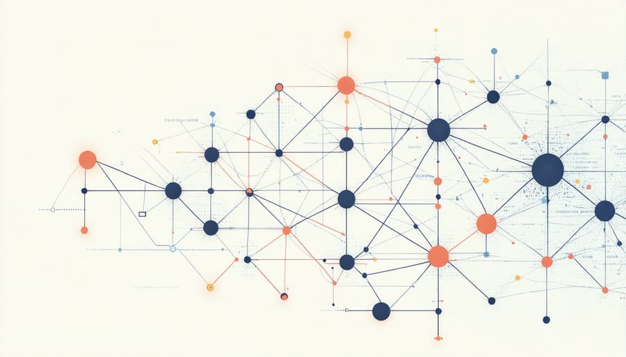 Diagram showing interconnected nodes in a decentralized network structure with energy infrastructure elements