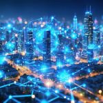 A digital illustration of a futuristic city with glowing nodes and network lines connecting smart buildings and energy systems, representing the integration of decentralized internet technologies with energy infrastructure.