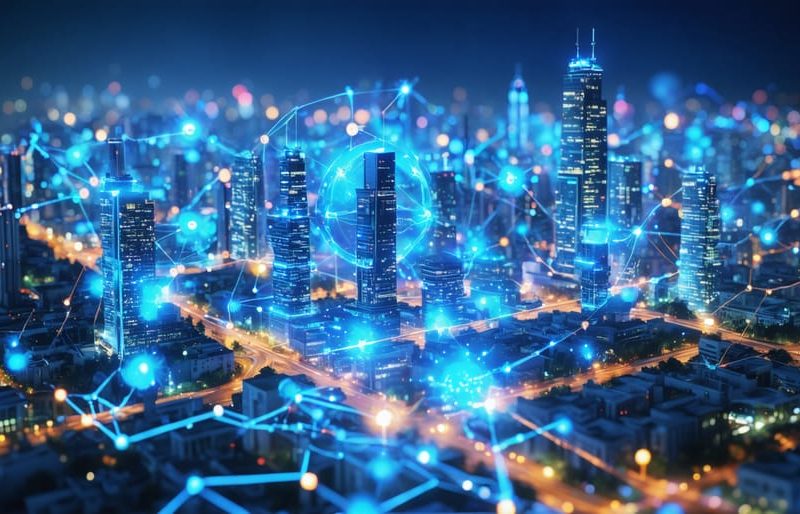A digital illustration of a futuristic city with glowing nodes and network lines connecting smart buildings and energy systems, representing the integration of decentralized internet technologies with energy infrastructure.