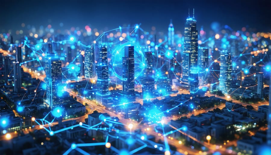 A digital illustration of a futuristic city with glowing nodes and network lines connecting smart buildings and energy systems, representing the integration of decentralized internet technologies with energy infrastructure.