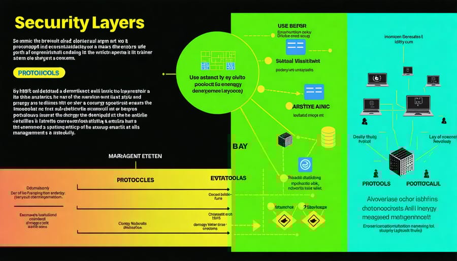 Layered diagram of security protocols and data management systems in decentralized infrastructure