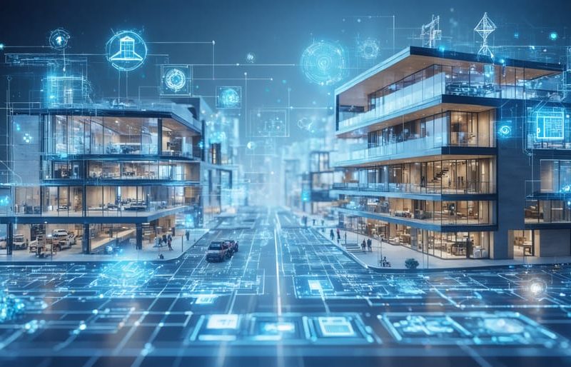 Conceptual illustration of a modern construction site using digital tools like BIM models, mobile devices, and IoT sensors to enhance efficiency and collaboration.