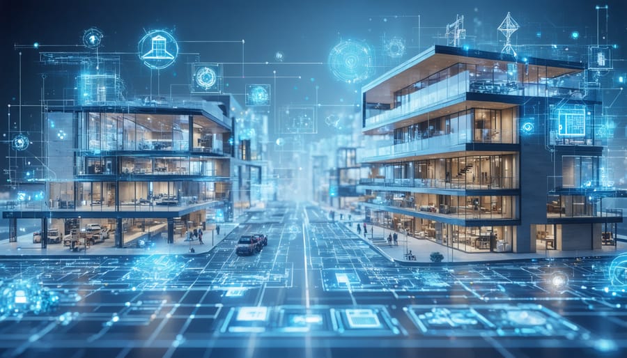Conceptual illustration of a modern construction site using digital tools like BIM models, mobile devices, and IoT sensors to enhance efficiency and collaboration.