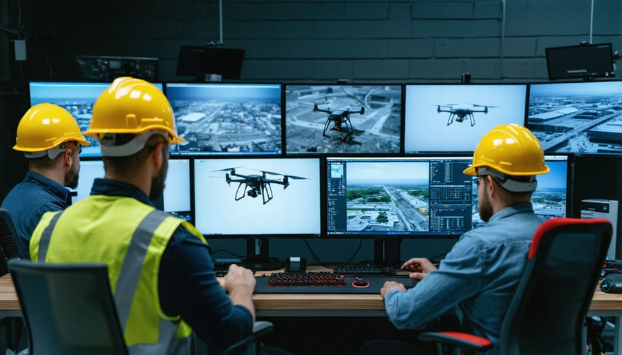 Safety team monitoring live UAV feeds and data in construction site control center