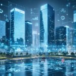 Illustration of a futuristic cityscape highlighting energy-efficient materials, showcasing buildings with high-tech façades applying aerogel insulation and smart glazing technology, accompanied by digital graphics of energy metrics.