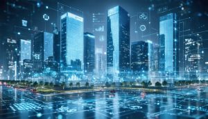 Illustration of a futuristic cityscape highlighting energy-efficient materials, showcasing buildings with high-tech façades applying aerogel insulation and smart glazing technology, accompanied by digital graphics of energy metrics.