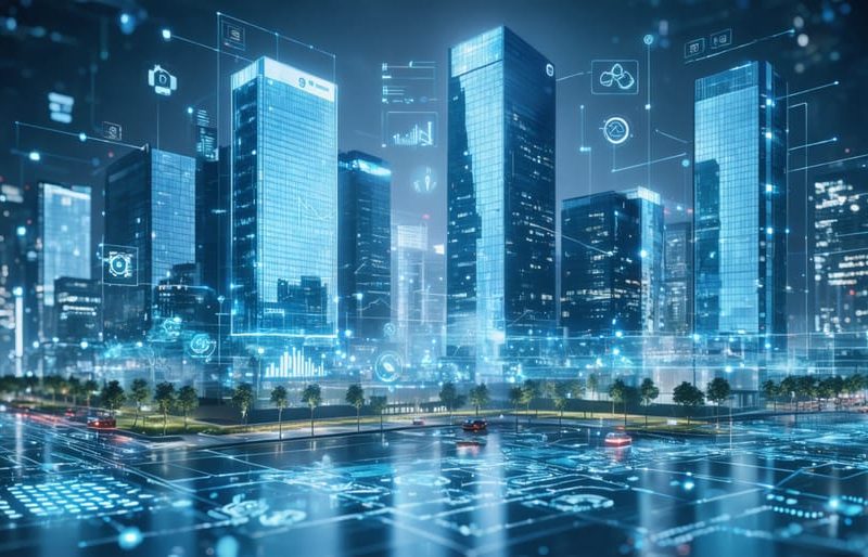Illustration of a futuristic cityscape highlighting energy-efficient materials, showcasing buildings with high-tech façades applying aerogel insulation and smart glazing technology, accompanied by digital graphics of energy metrics.