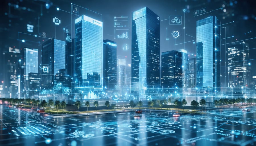Illustration of a futuristic cityscape highlighting energy-efficient materials, showcasing buildings with high-tech façades applying aerogel insulation and smart glazing technology, accompanied by digital graphics of energy metrics.