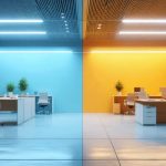 Modern office environment divided into two sections, one lit with blue fluorescent lights and the other with warm LED lights, representing energy efficiency and advanced lighting technology.