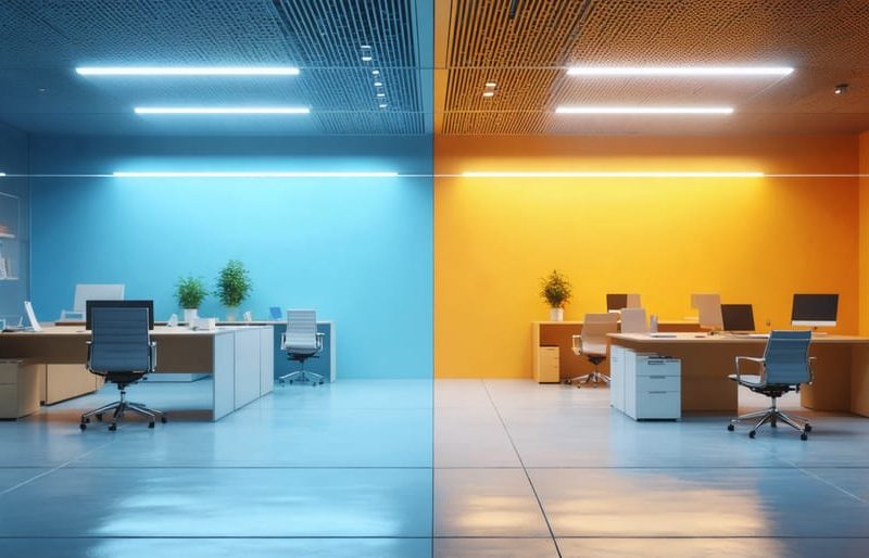 Modern office environment divided into two sections, one lit with blue fluorescent lights and the other with warm LED lights, representing energy efficiency and advanced lighting technology.