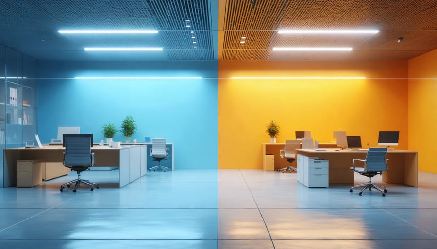 Modern office environment divided into two sections, one lit with blue fluorescent lights and the other with warm LED lights, representing energy efficiency and advanced lighting technology.
