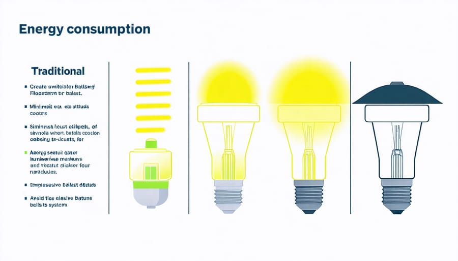 Side-by-side comparison chart showing power consumption metrics between conventional and electronic ballast fluorescent lighting