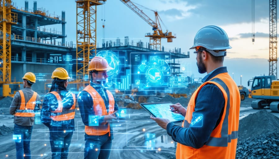 Futuristic construction site with 5G technology and IoT devices, showcasing real-time data exchange and analytics in strategic sourcing operations.