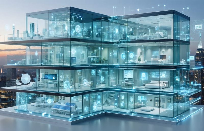 Conceptual cross-section of a modern building featuring advanced materials, dynamic glass windows, and smart HVAC systems, highlighting energy-efficient construction technologies.
