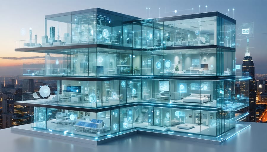 Conceptual cross-section of a modern building featuring advanced materials, dynamic glass windows, and smart HVAC systems, highlighting energy-efficient construction technologies.