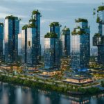 A modern city skyline featuring eco-friendly skyscrapers with solar panels, green roofs, and digital overlays, representing the fusion of innovative technology and sustainable building practices.