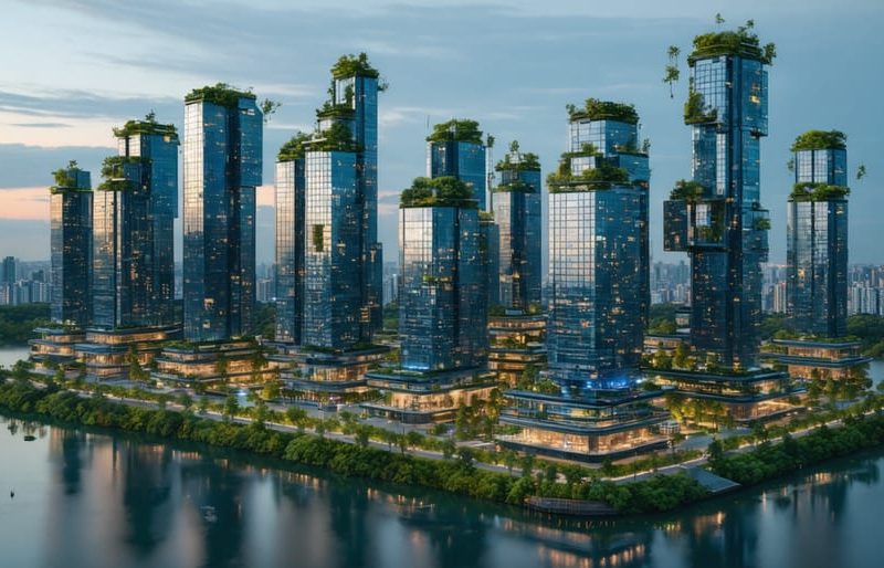 A modern city skyline featuring eco-friendly skyscrapers with solar panels, green roofs, and digital overlays, representing the fusion of innovative technology and sustainable building practices.