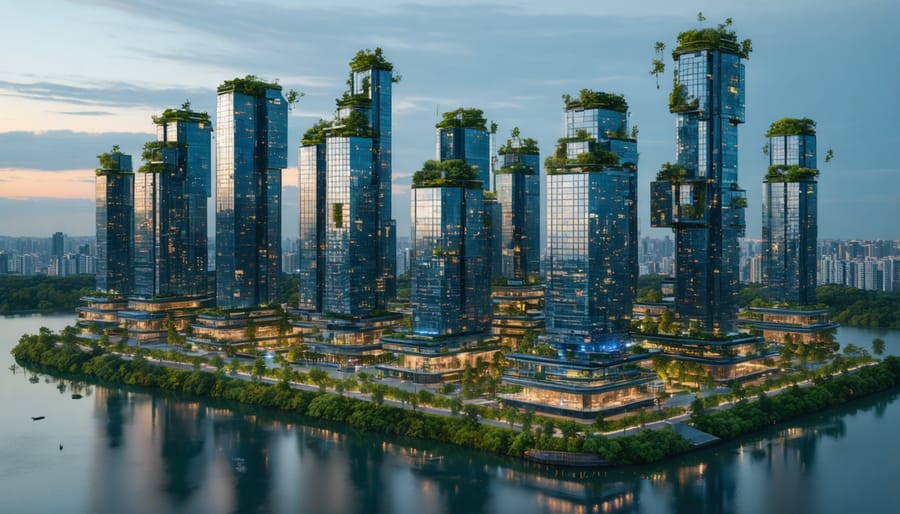 A modern city skyline featuring eco-friendly skyscrapers with solar panels, green roofs, and digital overlays, representing the fusion of innovative technology and sustainable building practices.