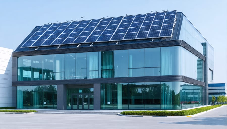 Contemporary commercial building showcasing building-integrated photovoltaics and smart glazing systems