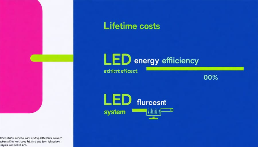 Visual comparison of LED vs fluorescent lighting showing energy consumption, lifespan, and cost metrics