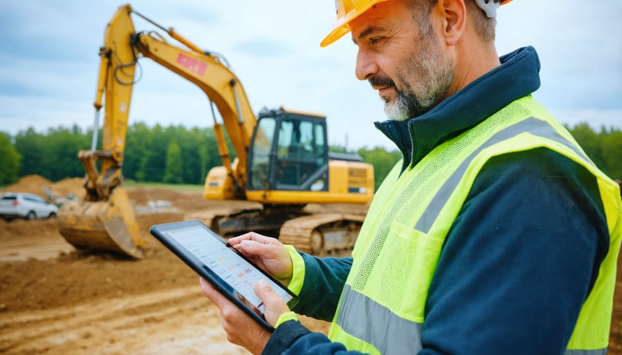 Site manager using mobile project management app on tablet while inspecting construction progress