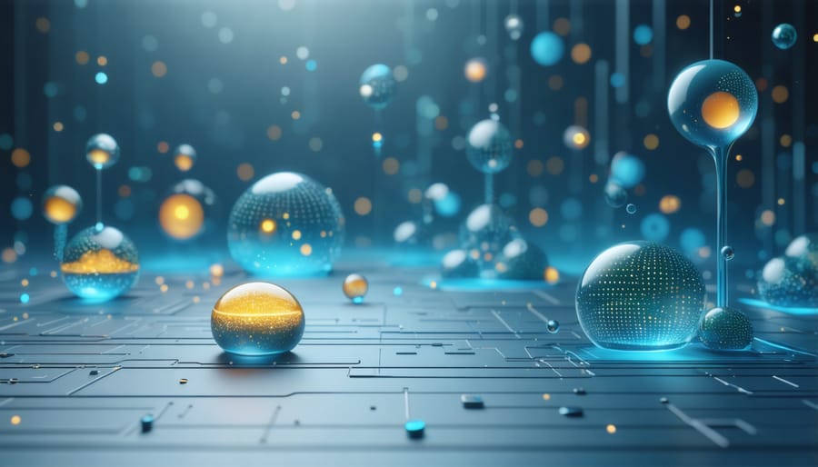 Artistic rendering of quantum dots with energy particles being stored at nanoscale