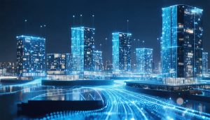 Conceptual depiction of a futuristic cityscape featuring buildings with integrated quantum energy storage systems, showcasing glowing quantum dots capturing and distributing energy.