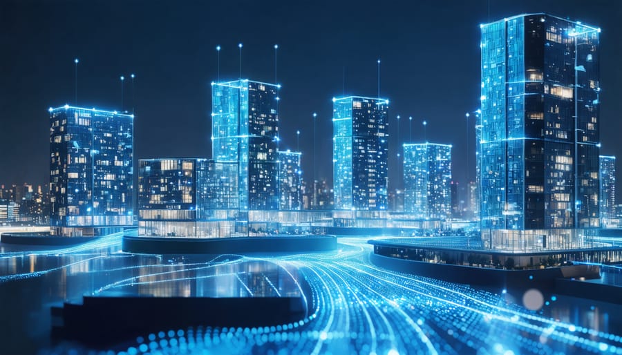 Conceptual depiction of a futuristic cityscape featuring buildings with integrated quantum energy storage systems, showcasing glowing quantum dots capturing and distributing energy.