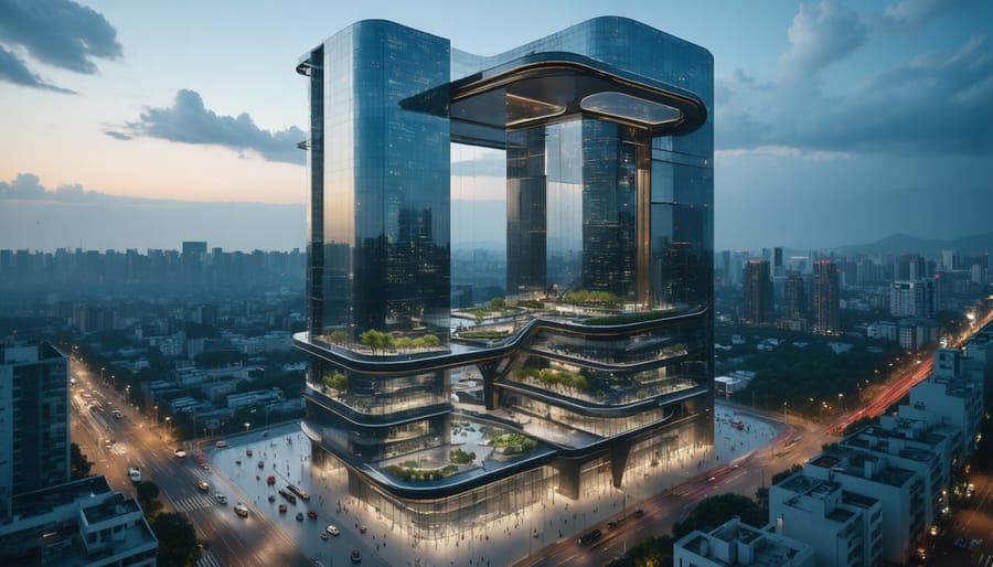 Visualization of a modern skyscraper with innovative resilient technologies, including adaptive facades and integrated green spaces, against a vibrant cityscape.