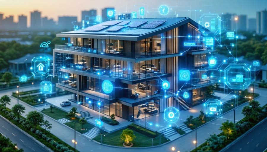 Illustration of a modern smart building with integrated building automation systems, showcasing connections between HVAC, lighting, and security controls, symbolizing energy efficiency and digital innovation.