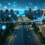 A futuristic aerial view of a smart city, showcasing autonomous vehicles, smart traffic management, energy-efficient buildings, and integrated sensor networks in a sustainable urban landscape.