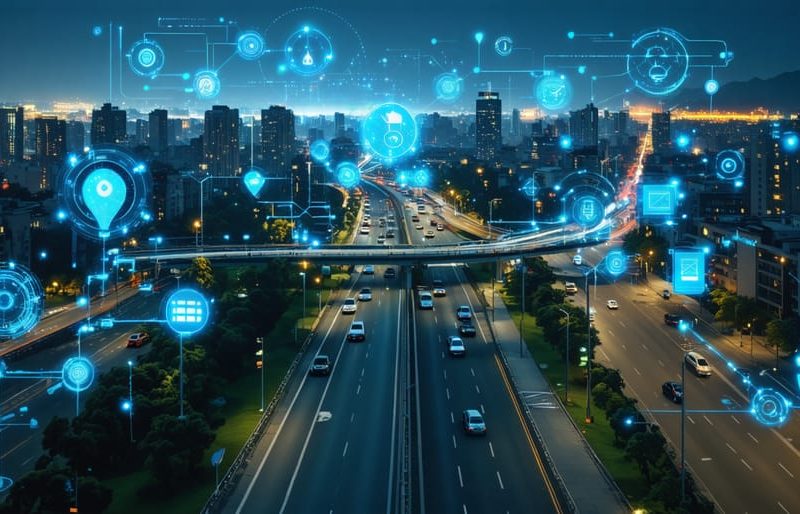 A futuristic aerial view of a smart city, showcasing autonomous vehicles, smart traffic management, energy-efficient buildings, and integrated sensor networks in a sustainable urban landscape.