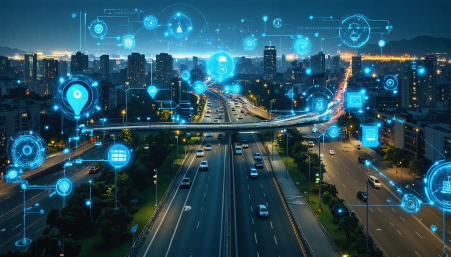 A futuristic aerial view of a smart city, showcasing autonomous vehicles, smart traffic management, energy-efficient buildings, and integrated sensor networks in a sustainable urban landscape.