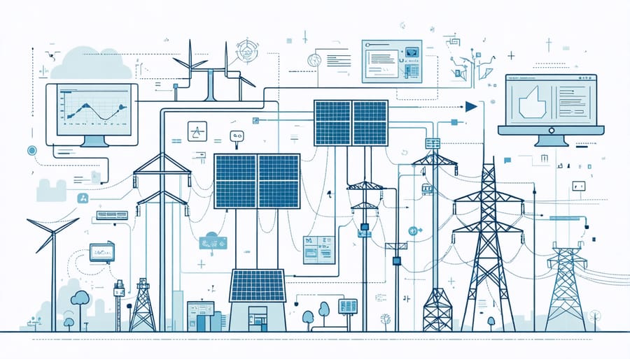 Smart grid infrastructure diagram with renewable energy sources and distribution network