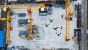 Aerial view of a construction site with advanced drones equipped with high-resolution cameras, LiDAR sensors, and thermal imaging systems actively monitoring cranes, scaffolding, and workers to enhance safety.