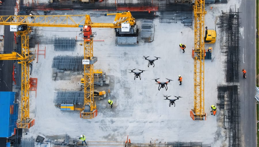 Aerial view of a construction site with advanced drones equipped with high-resolution cameras, LiDAR sensors, and thermal imaging systems actively monitoring cranes, scaffolding, and workers to enhance safety.