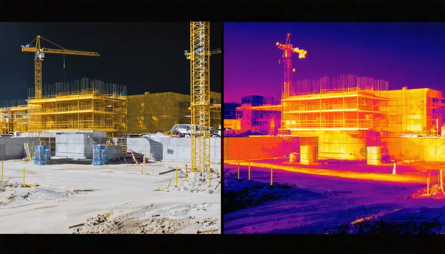 Side-by-side comparison of normal and thermal drone footage showing heat signatures on a construction site
