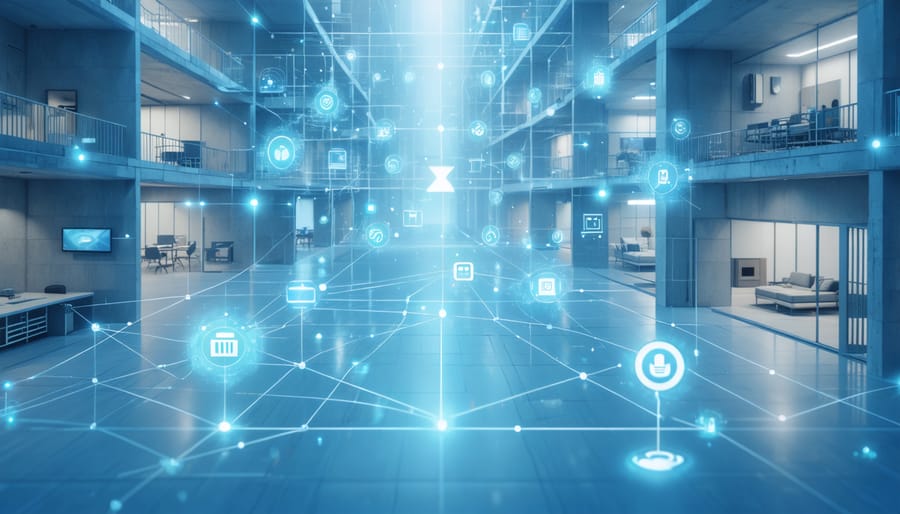 Conceptual illustration of a smart building using Z-Wave technology, showing interconnected devices and signal paths that form a robust mesh network for automation and control.