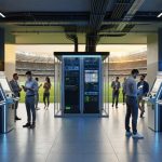 Wide eye-level view of a Brazilian stadium concourse showing a new betting lounge with sleek kiosks, a glass-walled server room, overhead cable trays, technicians, and a softly blurred view of the stadium bowl.